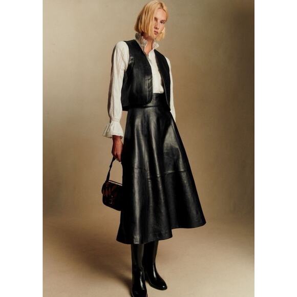 NWT Sezane Yasmine Black Leather Midi A Line Skirt sz 4 US high rise - Picture 1 of 12